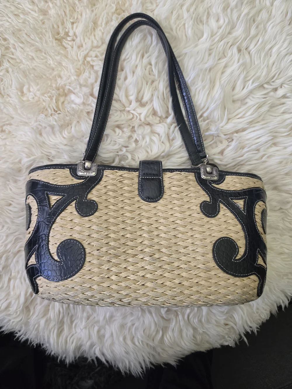 Brighton Straw Shoulder Bag with Black Trim and Heart Charm
